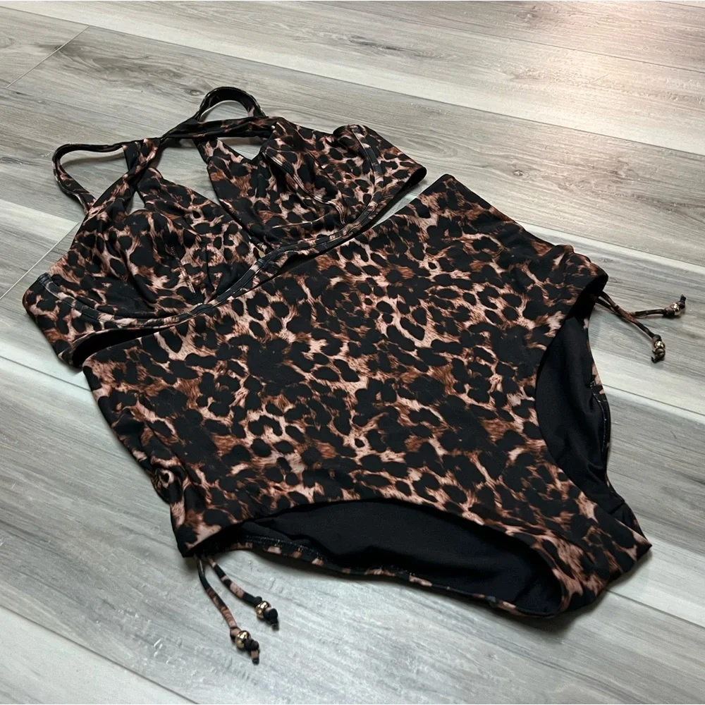 City Chic Brown and Black Leopard High Waist Bikini Set - Picture 2 of 4